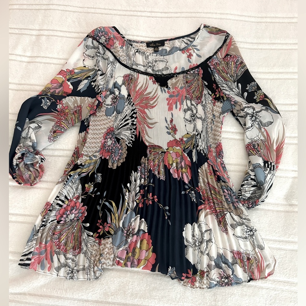 Melissa Paige Pleated White Pink Black Blouse with 3/4 Sleeves SZ L - Picture 4 of 12
